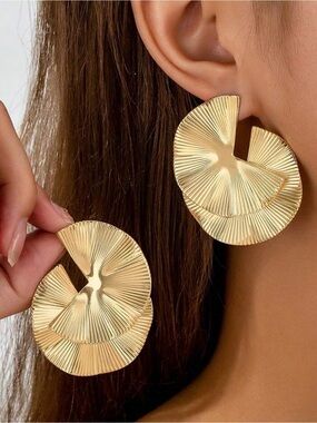 Gold Textured Spiral Statement Earrings - Women Jewelry